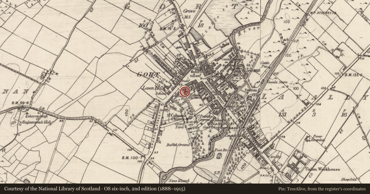 Ordnance Survey six-inch map, 2nd edition (1888–1915) covering the location of Church, Ballyhugh, County Galway, with a pin at the register's coordinates