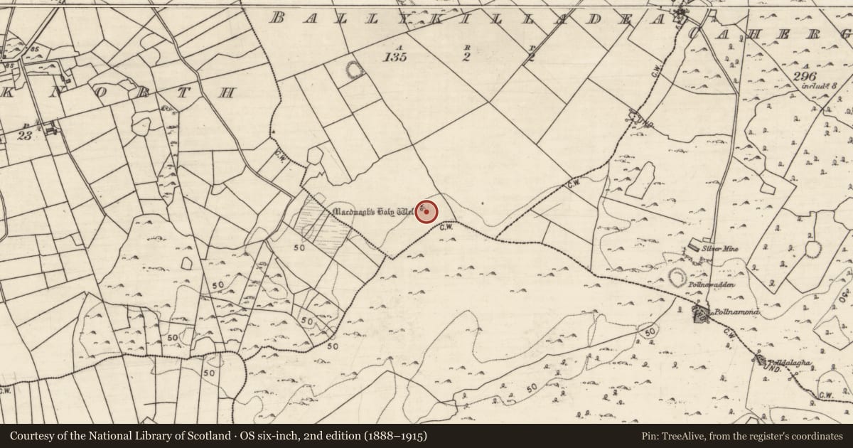 Ordnance Survey six-inch map, 2nd edition (1888–1915) covering the location of Ritual site - holy well, Ballykilladea, County Galway, with a pin at the register's coordinates