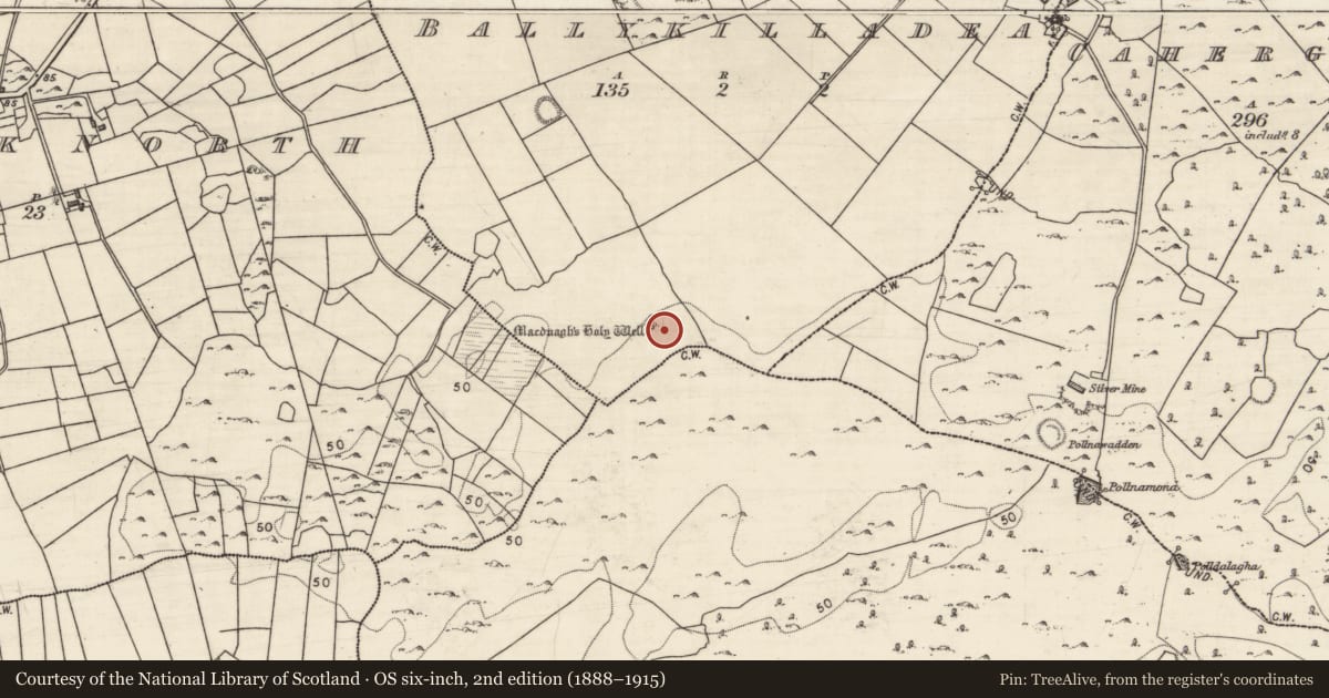 Ordnance Survey six-inch map, 2nd edition (1888–1915) covering the location of Penitential station, Ballykilladea, County Galway, with a pin at the register's coordinates