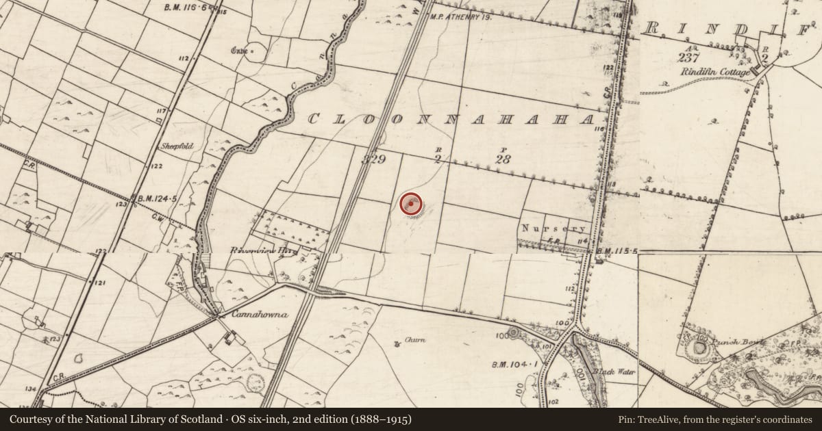 Ordnance Survey six-inch map, 2nd edition (1888–1915) covering the location of Souterrain, Cloonnahaha, County Galway, with a pin at the register's coordinates
