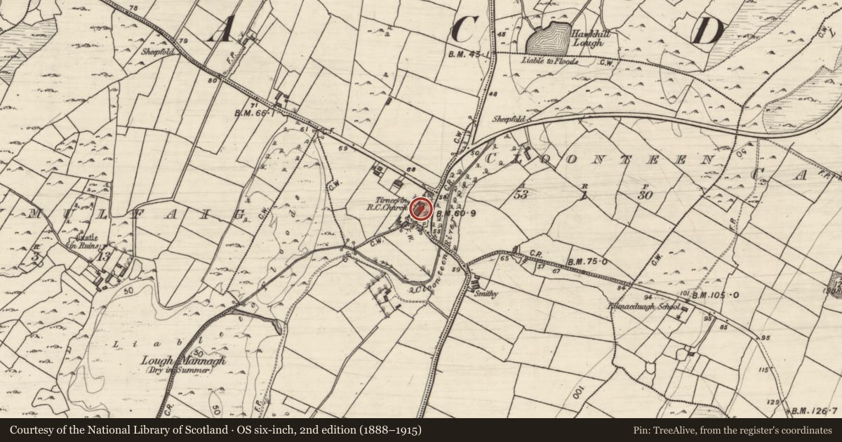 Ordnance Survey six-inch map, 2nd edition (1888–1915) covering the location of Church, Cloonteen, County Galway, with a pin at the register's coordinates