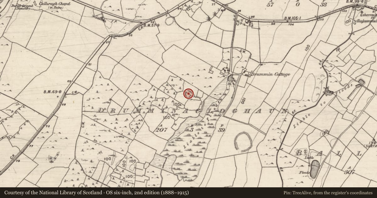 Ordnance Survey six-inch map, 2nd edition (1888–1915) covering the location of Ringfort - cashel, Drumminacloghaun, County Galway, with a pin at the register's coordinates