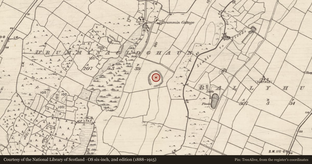 Ordnance Survey six-inch map, 2nd edition (1888–1915) covering the location of Hilltop enclosure, Drumminacloghaun, County Galway, with a pin at the register's coordinates