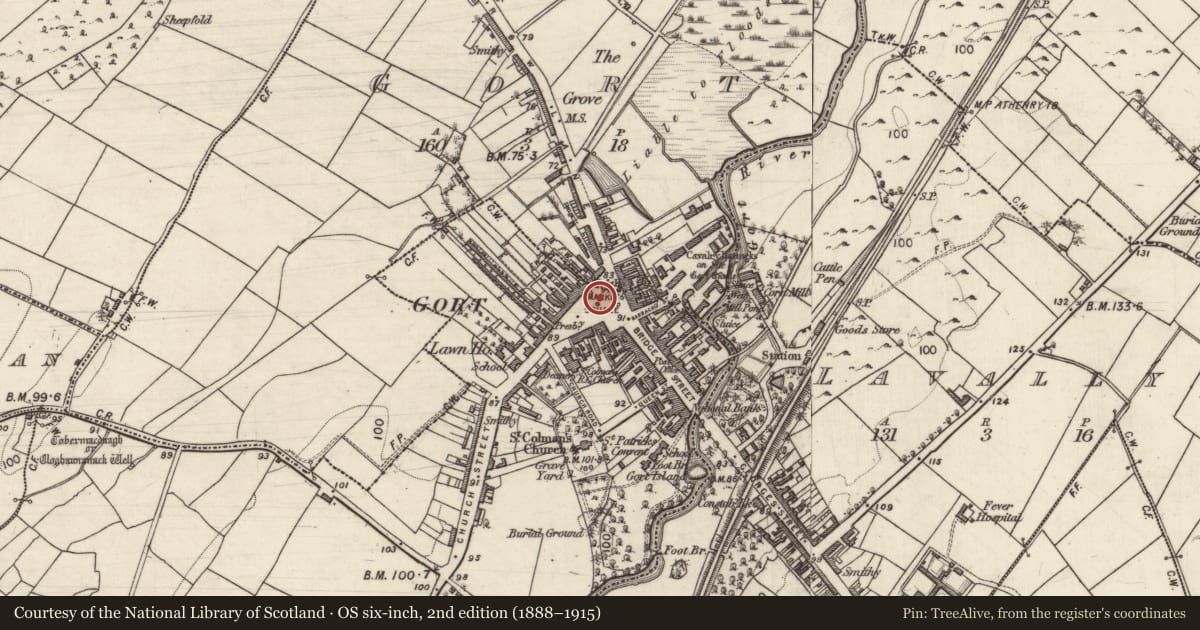 Ordnance Survey six-inch map, 2nd edition (1888–1915) covering the location of Town, Gort, County Galway, with a pin at the register's coordinates