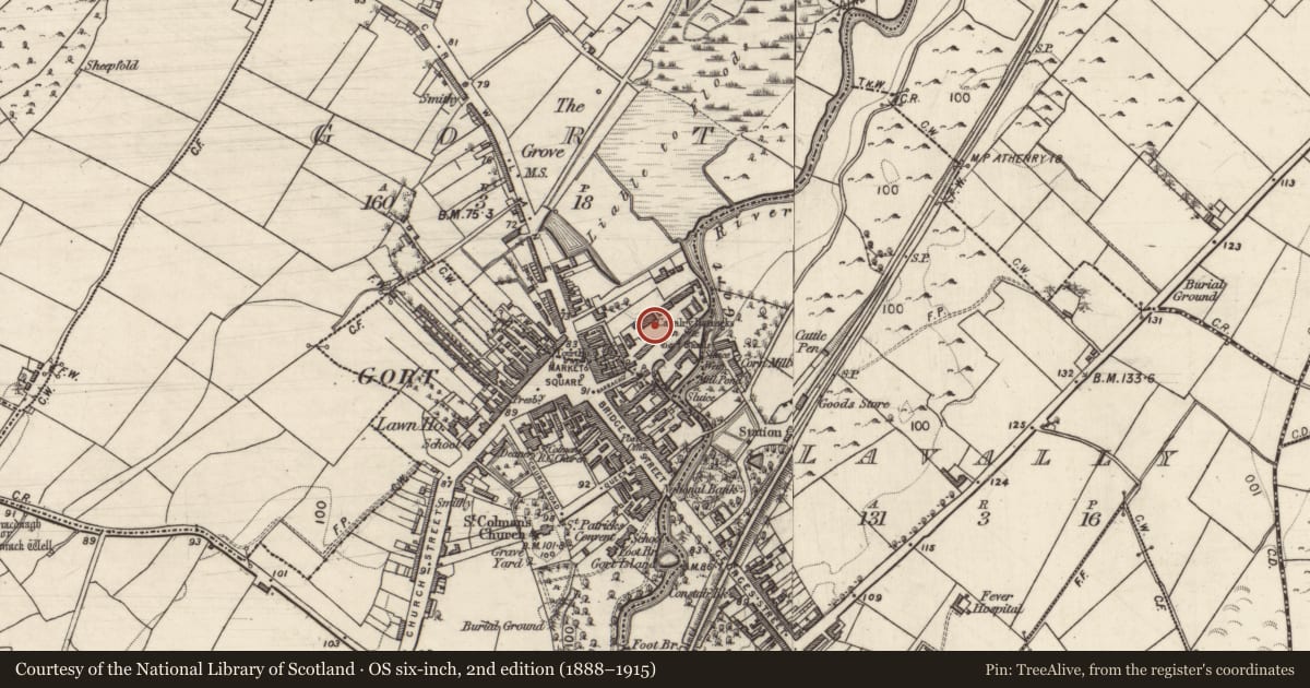 Ordnance Survey six-inch map, 2nd edition (1888–1915) covering the location of Castle - unclassified, Gort, County Galway, with a pin at the register's coordinates
