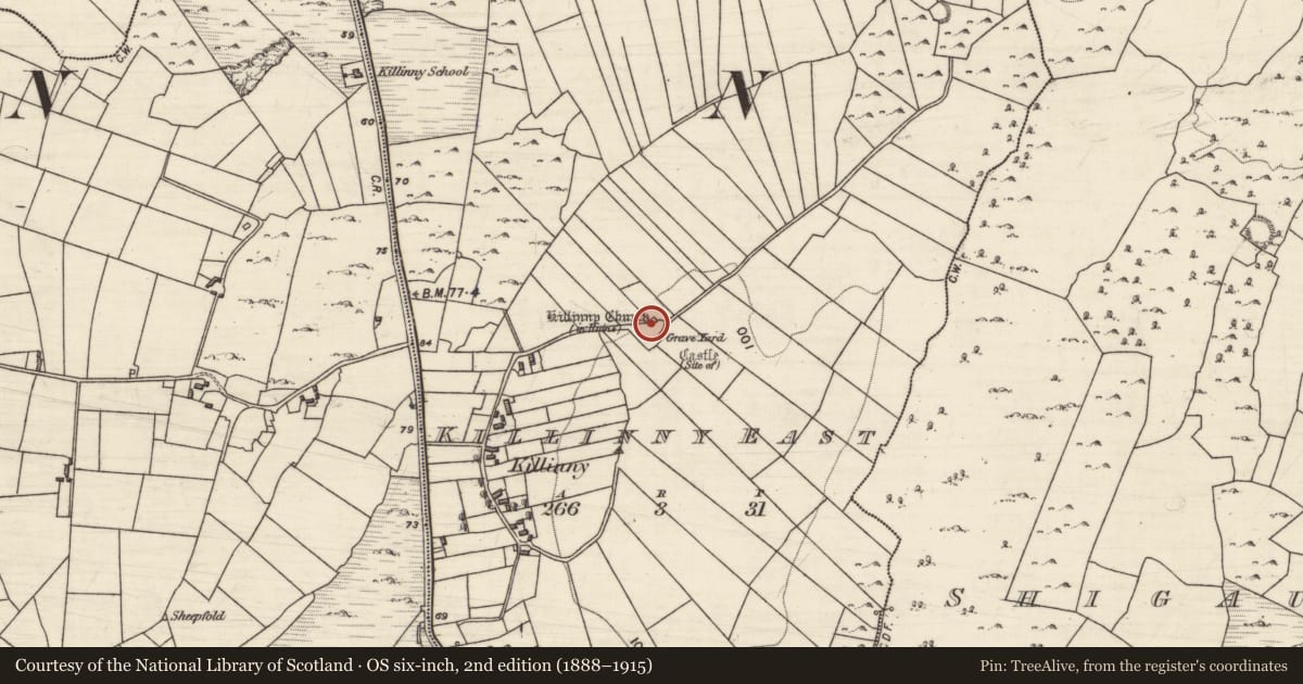 Ordnance Survey six-inch map, 2nd edition (1888–1915) covering the location of Church, Killinny East, County Galway, with a pin at the register's coordinates