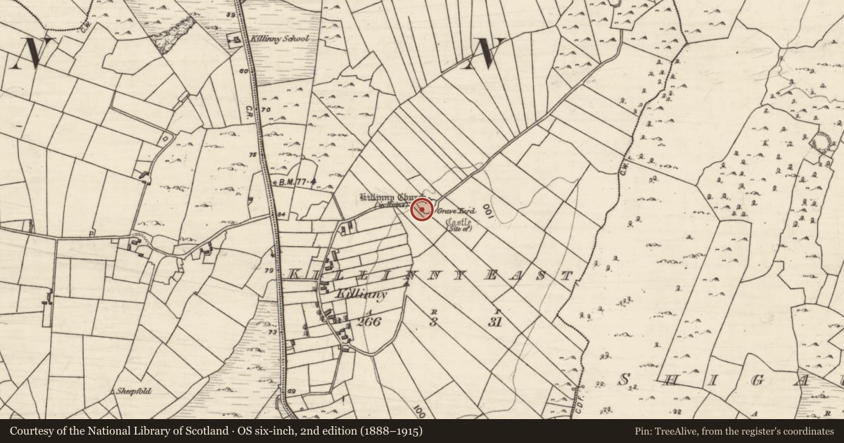 Ordnance Survey six-inch map, 2nd edition (1888–1915) covering the location of Graveyard, Killinny East, County Galway, with a pin at the register's coordinates