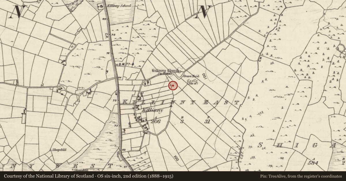 Ordnance Survey six-inch map, 2nd edition (1888–1915) covering the location of Souterrain, Killinny East, County Galway, with a pin at the register's coordinates