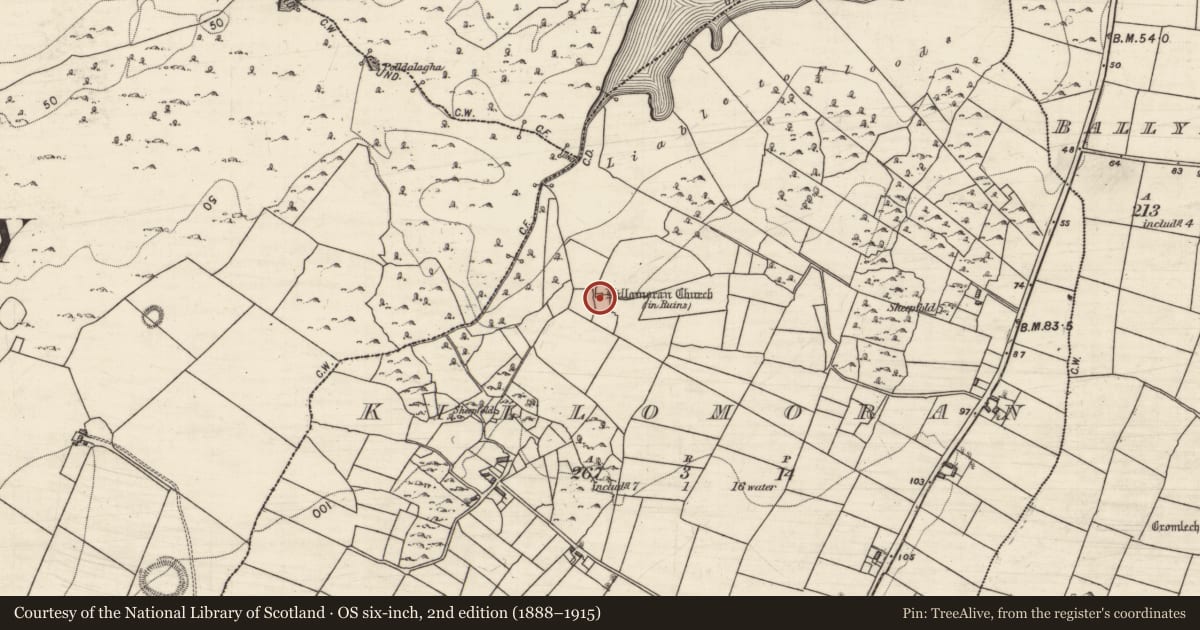 Ordnance Survey six-inch map, 2nd edition (1888–1915) covering the location of Church, Killomoran, County Galway, with a pin at the register's coordinates
