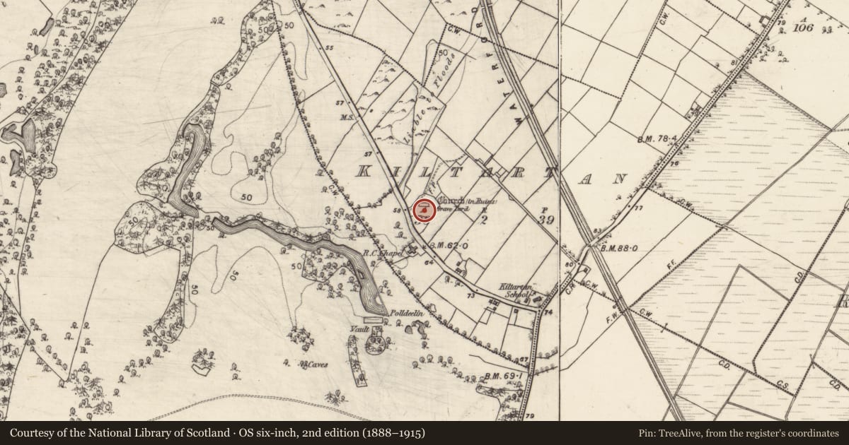 Ordnance Survey six-inch map, 2nd edition (1888–1915) covering the location of Graveyard, Kiltartan, County Galway, with a pin at the register's coordinates