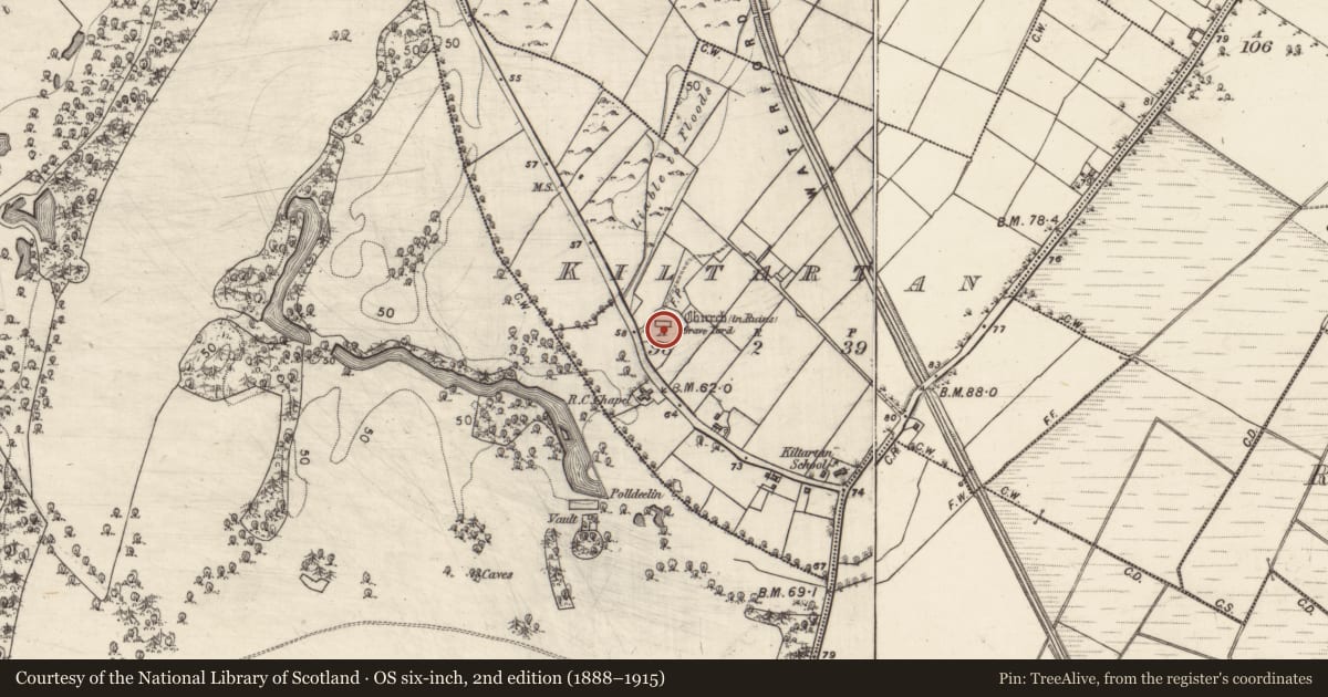 Ordnance Survey six-inch map, 2nd edition (1888–1915) covering the location of Wall monument, Kiltartan, County Galway, with a pin at the register's coordinates