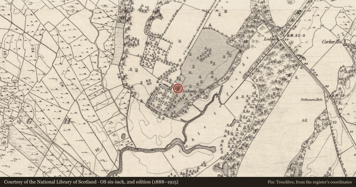 Ordnance Survey six-inch map, 2nd edition (1888–1915) covering the location of House - 18th/19th century, Raheen Demesne, County Galway, with a pin at the register's coordinates