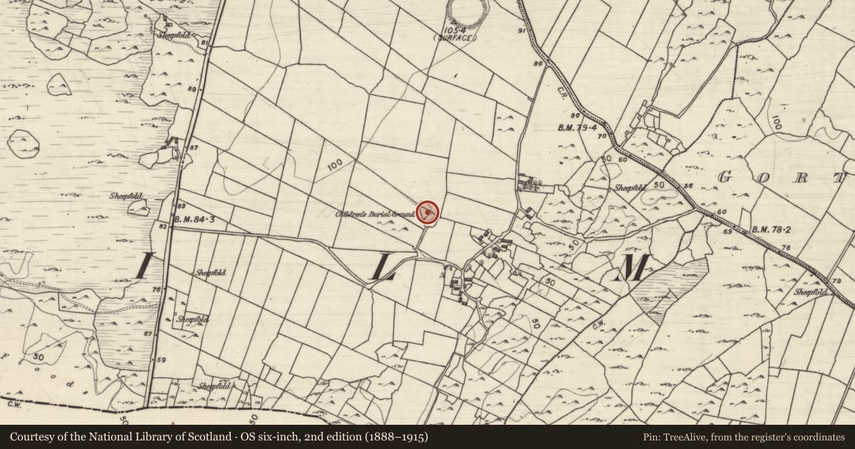 Ordnance Survey six-inch map, 2nd edition (1888–1915) covering the location of Children's burial ground, Roo, County Galway, with a pin at the register's coordinates