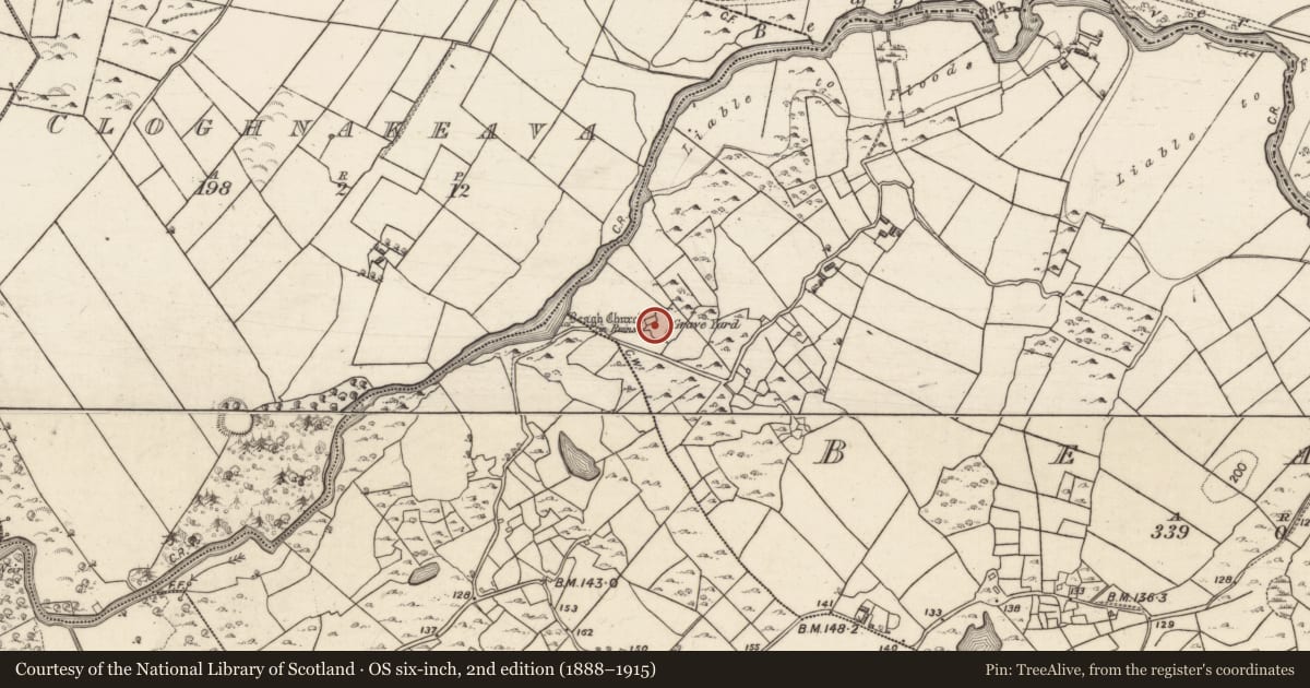 Ordnance Survey six-inch map, 2nd edition (1888–1915) covering the location of Church, Beagh, County Galway, with a pin at the register's coordinates