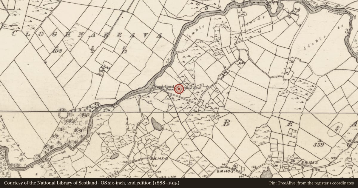Ordnance Survey six-inch map, 2nd edition (1888–1915) covering the location of Graveyard, Beagh, County Galway, with a pin at the register's coordinates