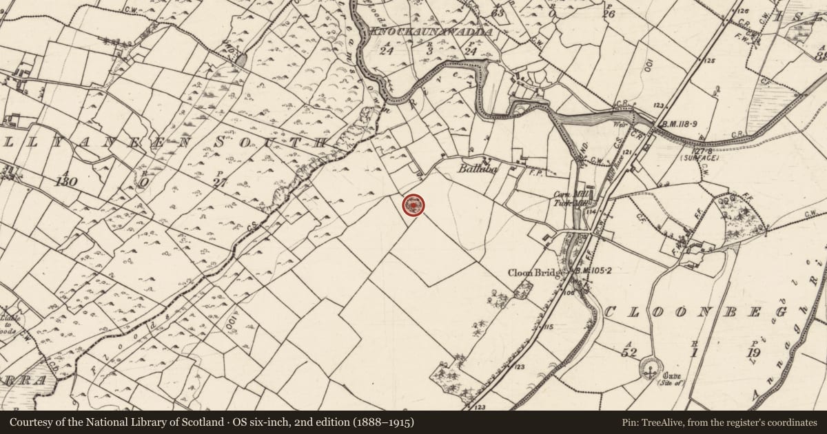 Ordnance Survey six-inch map, 2nd edition (1888–1915) covering the location of Enclosure, An Cluain, County Galway, with a pin at the register's coordinates