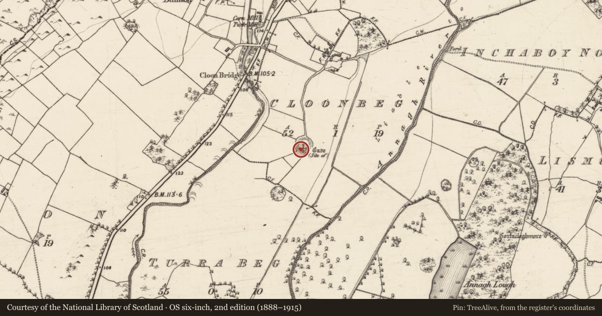 Ordnance Survey six-inch map, 2nd edition (1888–1915) covering the location of Souterrain, Cloonbeg, County Galway, with a pin at the register's coordinates