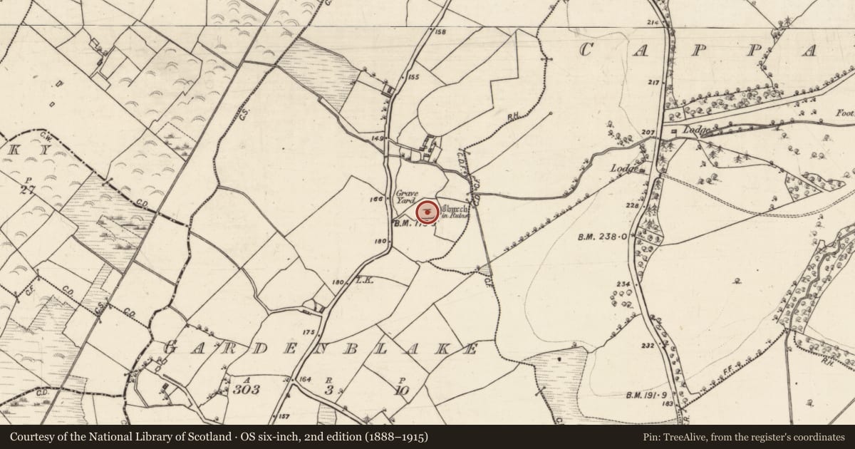 Ordnance Survey six-inch map, 2nd edition (1888–1915) covering the location of Church, Gardenblake, County Galway, with a pin at the register's coordinates