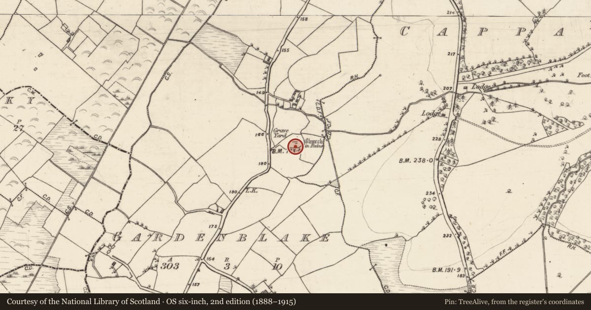 Ordnance Survey six-inch map, 2nd edition (1888–1915) covering the location of Ecclesiastical enclosure, Gardenblake, County Galway, with a pin at the register's coordinates