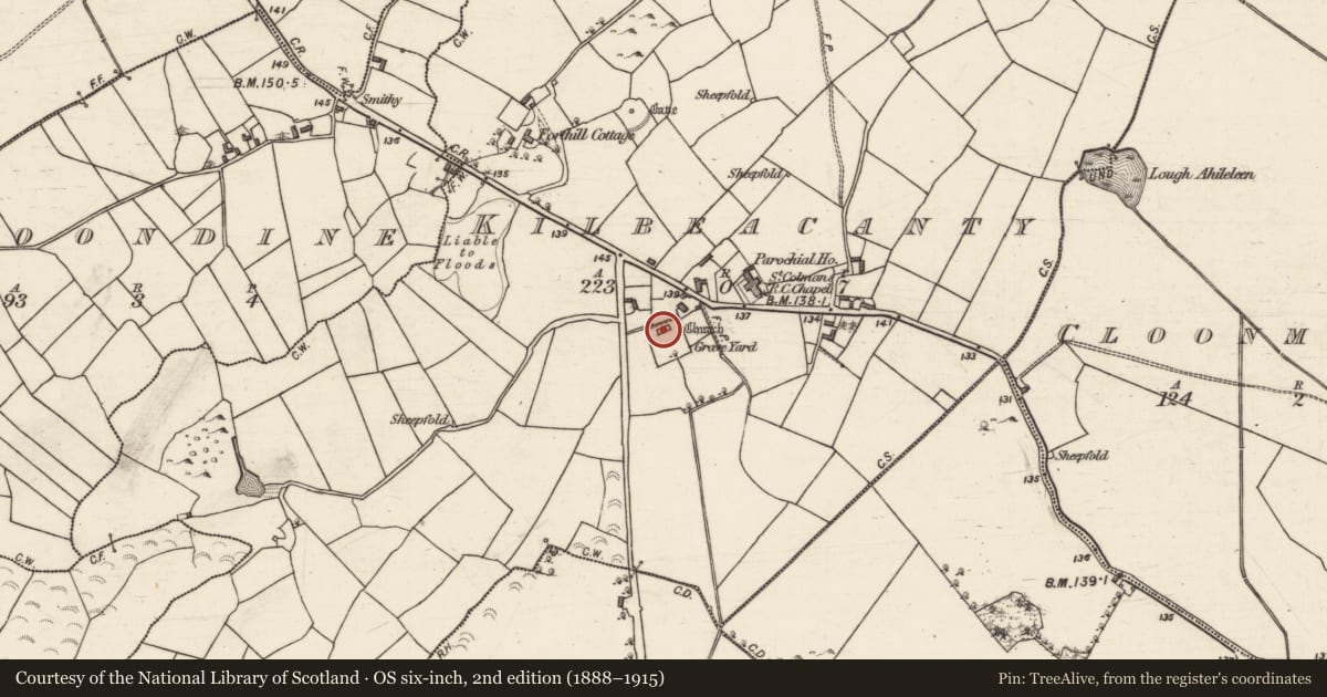 Ordnance Survey six-inch map, 2nd edition (1888–1915) covering the location of Church, Kilbeacanty, County Galway, with a pin at the register's coordinates