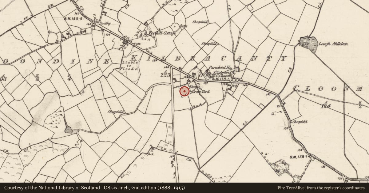 Ordnance Survey six-inch map, 2nd edition (1888–1915) covering the location of Graveyard, Kilbeacanty, County Galway, with a pin at the register's coordinates