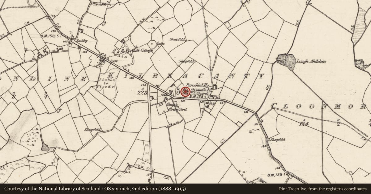 Ordnance Survey six-inch map, 2nd edition (1888–1915) covering the location of Church, Kilbeacanty, County Galway, with a pin at the register's coordinates