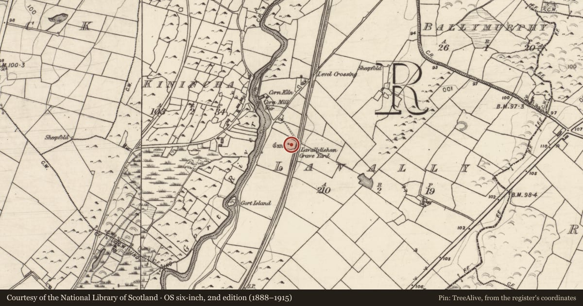 Ordnance Survey six-inch map, 2nd edition (1888–1915) covering the location of Graveyard, Lavally, County Galway, with a pin at the register's coordinates