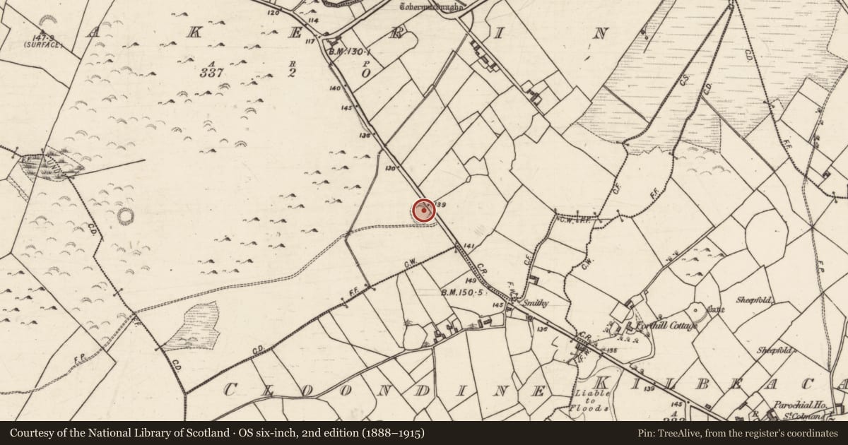 Ordnance Survey six-inch map, 2nd edition (1888–1915) covering the location of Souterrain, Rakerin, County Galway, with a pin at the register's coordinates