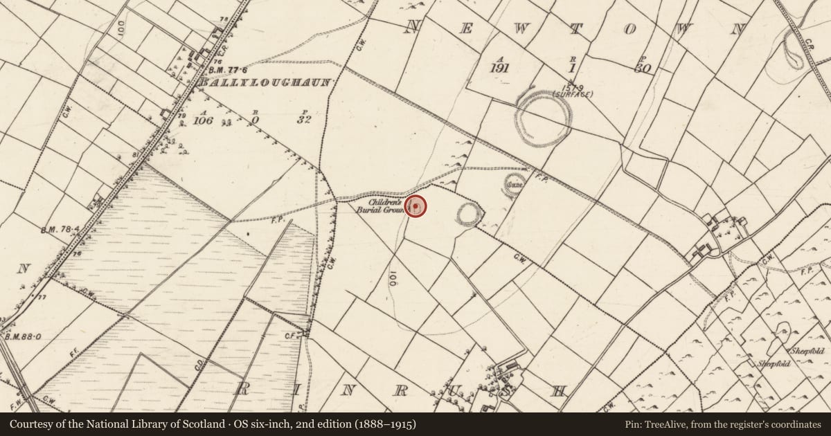 Ordnance Survey six-inch map, 2nd edition (1888–1915) covering the location of Children's burial ground, Rinrush, County Galway, with a pin at the register's coordinates