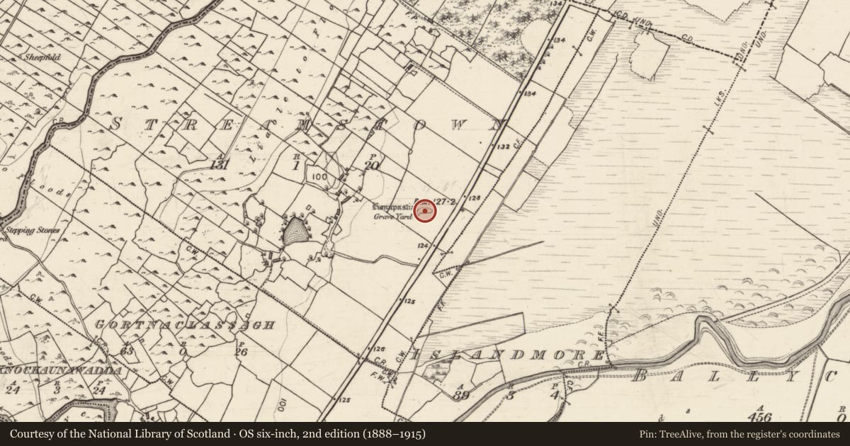 Ordnance Survey six-inch map, 2nd edition (1888–1915) covering the location of Children's burial ground, Streamstown, County Galway, with a pin at the register's coordinates