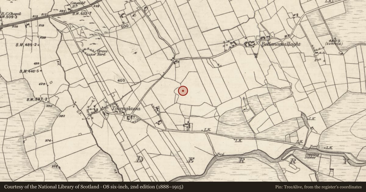 Ordnance Survey six-inch map, 2nd edition (1888–1915) covering the location of Enclosure, Derrybrien East, County Galway, with a pin at the register's coordinates