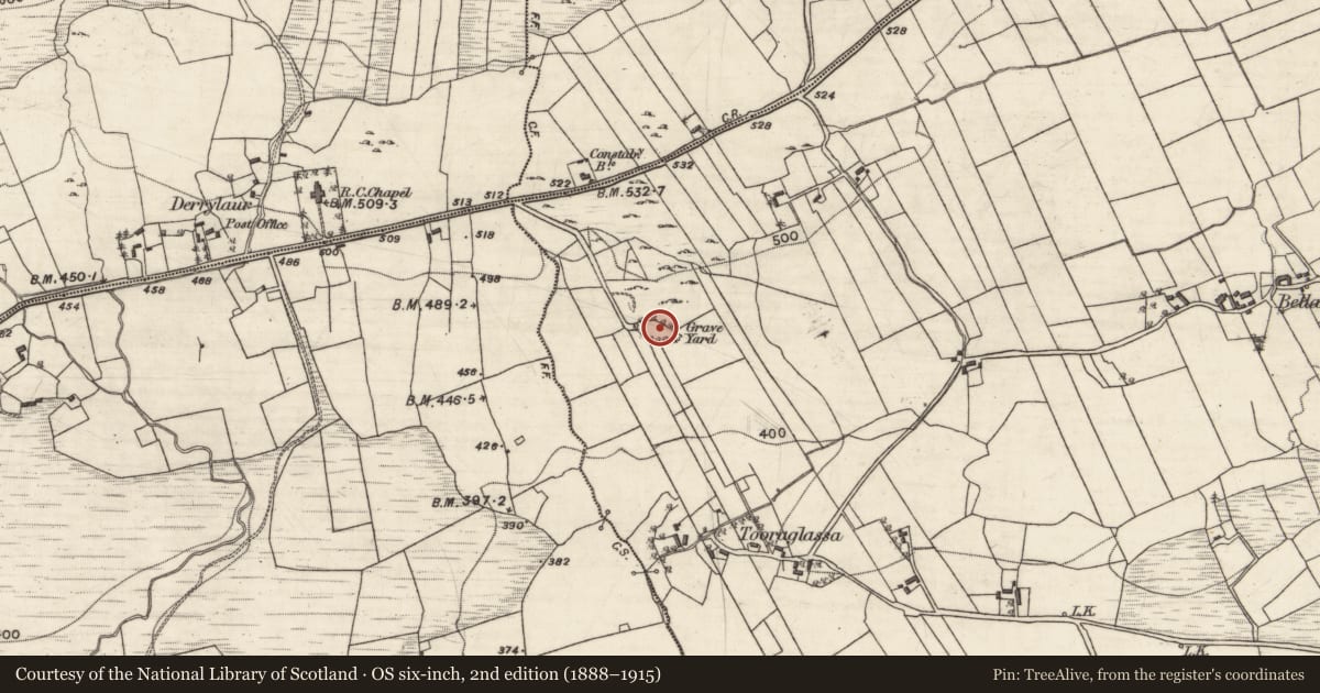Ordnance Survey six-inch map, 2nd edition (1888–1915) covering the location of Bullaun stone, Derrybrien East, County Galway, with a pin at the register's coordinates