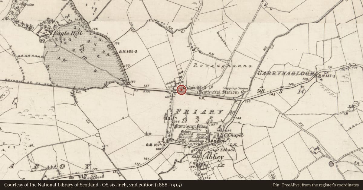 Ordnance Survey six-inch map, 2nd edition (1888–1915) covering the location of Penitential station, Abbey, County Galway, with a pin at the register's coordinates