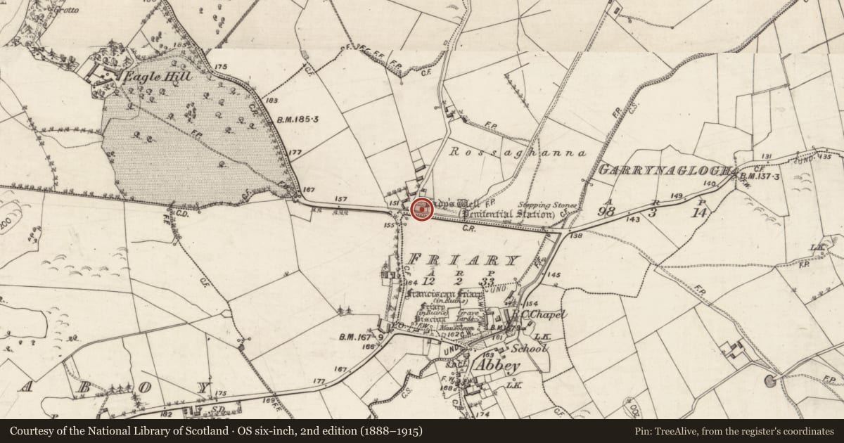 Ordnance Survey six-inch map, 2nd edition (1888–1915) covering the location of Ritual site - holy well, Abbey, County Galway, with a pin at the register's coordinates