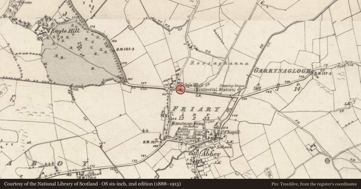 Ordnance Survey six-inch map, 2nd edition (1888–1915) covering the location of Architectural fragment, Abbey, County Galway, with a pin at the register's coordinates