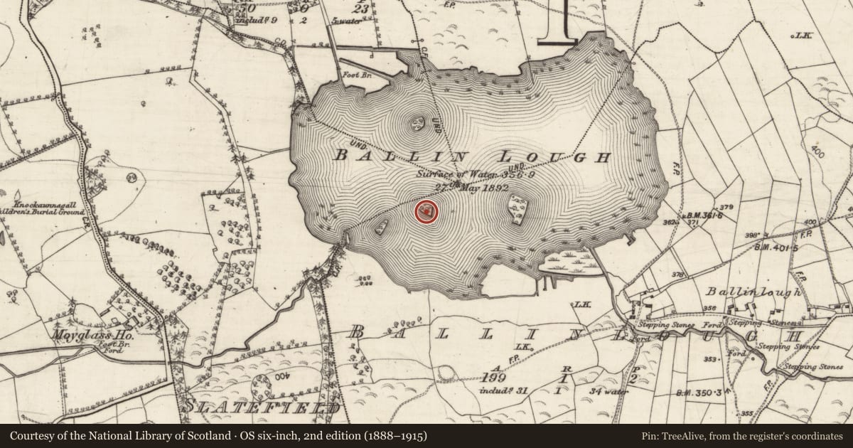 Ordnance Survey six-inch map, 2nd edition (1888–1915) covering the location of Crannog, Ballinlough, County Galway, with a pin at the register's coordinates