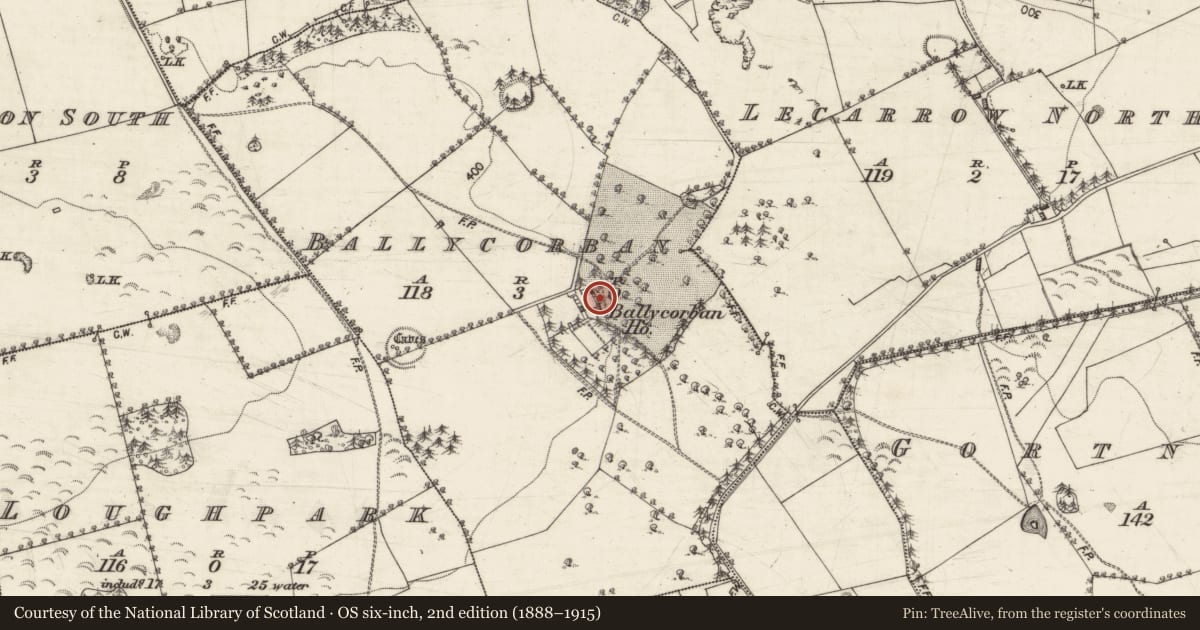 Ordnance Survey six-inch map, 2nd edition (1888–1915) covering the location of House - 18th/19th century, Ballycorban, County Galway, with a pin at the register's coordinates