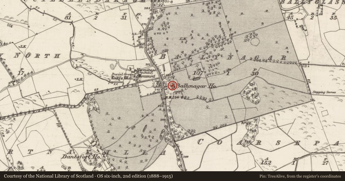 Ordnance Survey six-inch map, 2nd edition (1888–1915) covering the location of Country house, Ballynagar, County Galway, with a pin at the register's coordinates