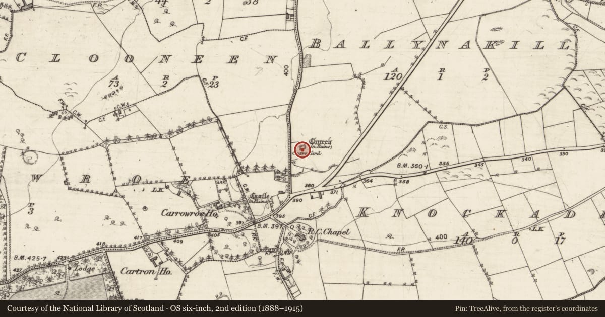 Ordnance Survey six-inch map, 2nd edition (1888–1915) covering the location of Church, Ballynakill, County Galway, with a pin at the register's coordinates