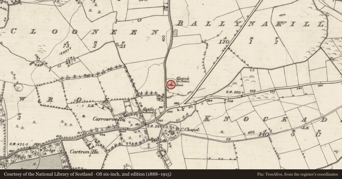Ordnance Survey six-inch map, 2nd edition (1888–1915) covering the location of Graveyard, Ballynakill, County Galway, with a pin at the register's coordinates