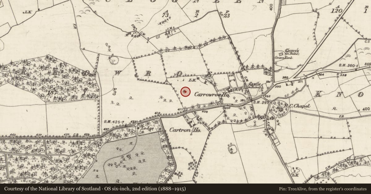 Ordnance Survey six-inch map, 2nd edition (1888–1915) covering the location of Designed landscape feature, Carrowroe, County Galway, with a pin at the register's coordinates