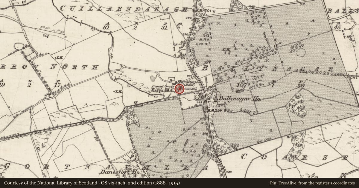 Ordnance Survey six-inch map, 2nd edition (1888–1915) covering the location of Burial ground, Cuilleendaeagh, County Galway, with a pin at the register's coordinates