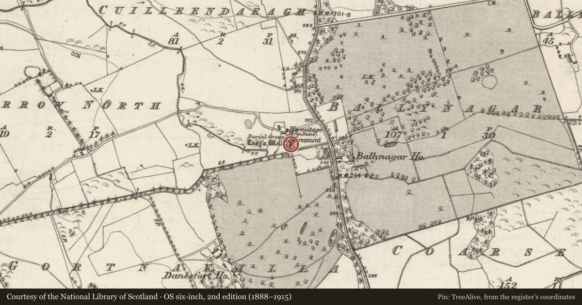Ordnance Survey six-inch map, 2nd edition (1888–1915) covering the location of Ritual site - holy well, Cuilleendaeagh, County Galway, with a pin at the register's coordinates