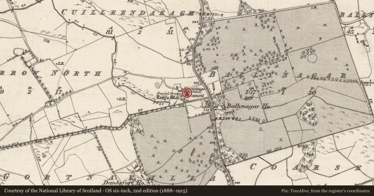 Ordnance Survey six-inch map, 2nd edition (1888–1915) covering the location of Building, Cuilleendaeagh, County Galway, with a pin at the register's coordinates