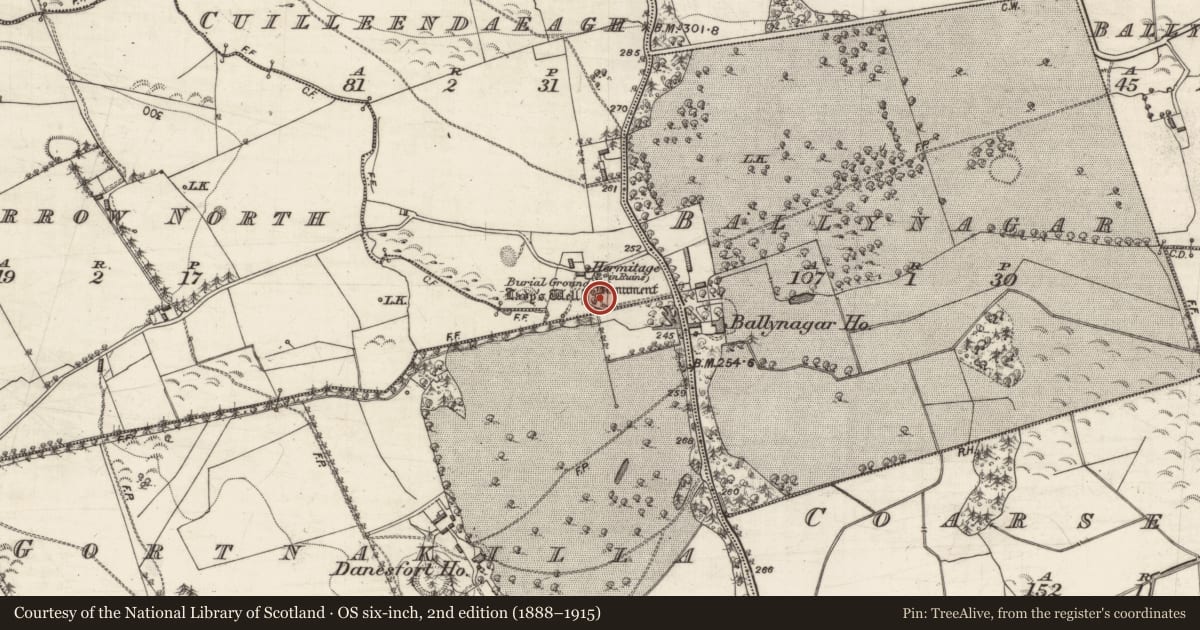 Ordnance Survey six-inch map, 2nd edition (1888–1915) covering the location of Monumental structure, Cuilleendaeagh, County Galway, with a pin at the register's coordinates