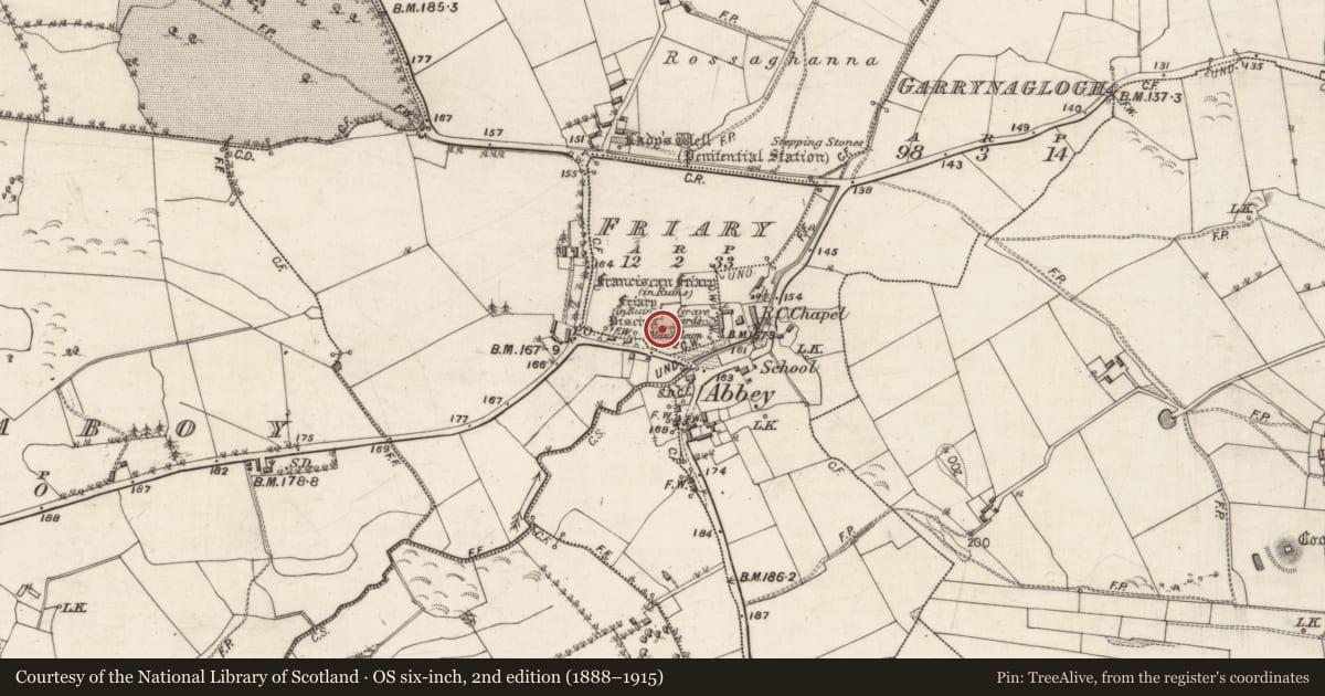 Ordnance Survey six-inch map, 2nd edition (1888–1915) covering the location of Religious house - Franciscan friars, Friary, County Galway, with a pin at the register's coordinates