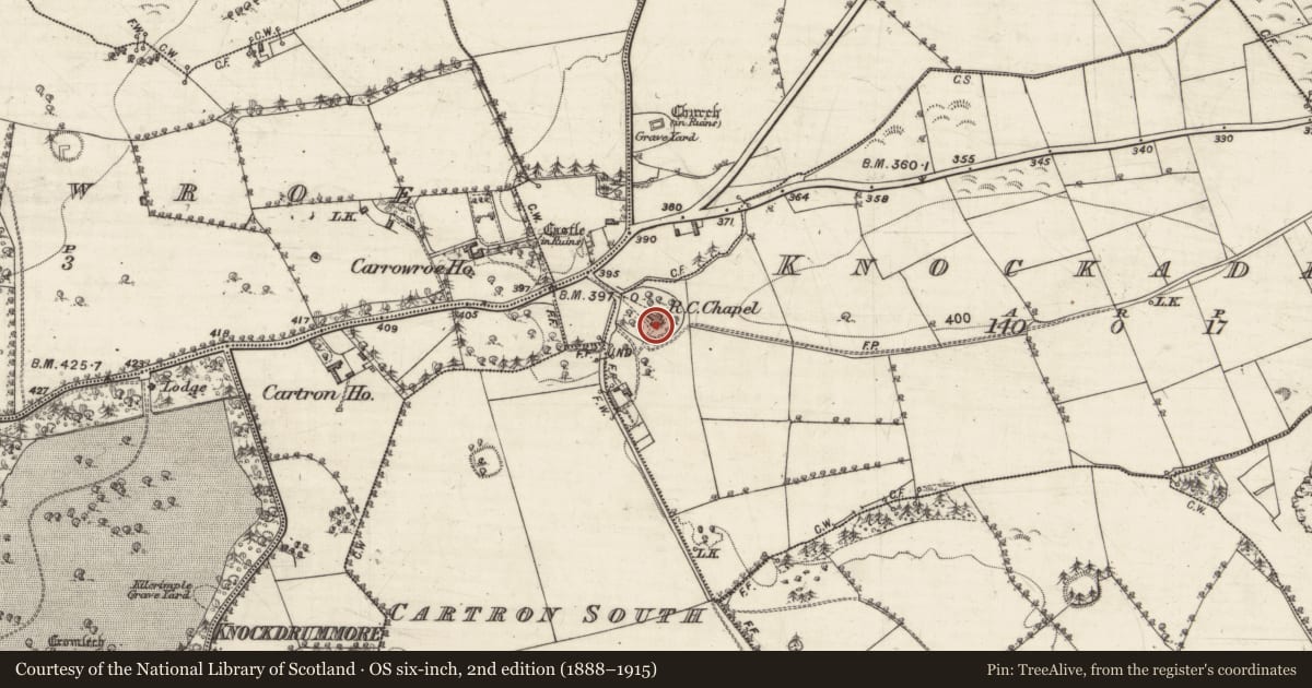 Ordnance Survey six-inch map, 2nd edition (1888–1915) covering the location of Church, Knockadrum, County Galway, with a pin at the register's coordinates