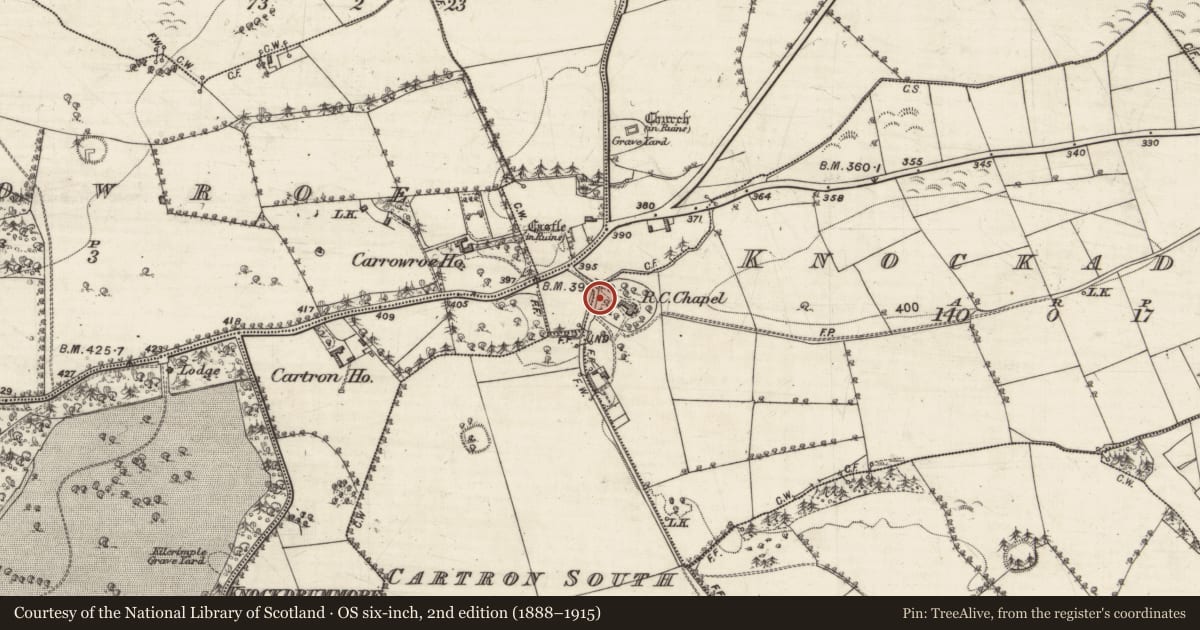 Ordnance Survey six-inch map, 2nd edition (1888–1915) covering the location of Bullaun stone (present location), Knockadrum, County Galway, with a pin at the register's coordinates