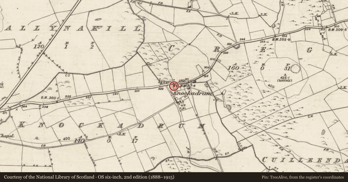 Ordnance Survey six-inch map, 2nd edition (1888–1915) covering the location of Church, Knockadrum, County Galway, with a pin at the register's coordinates