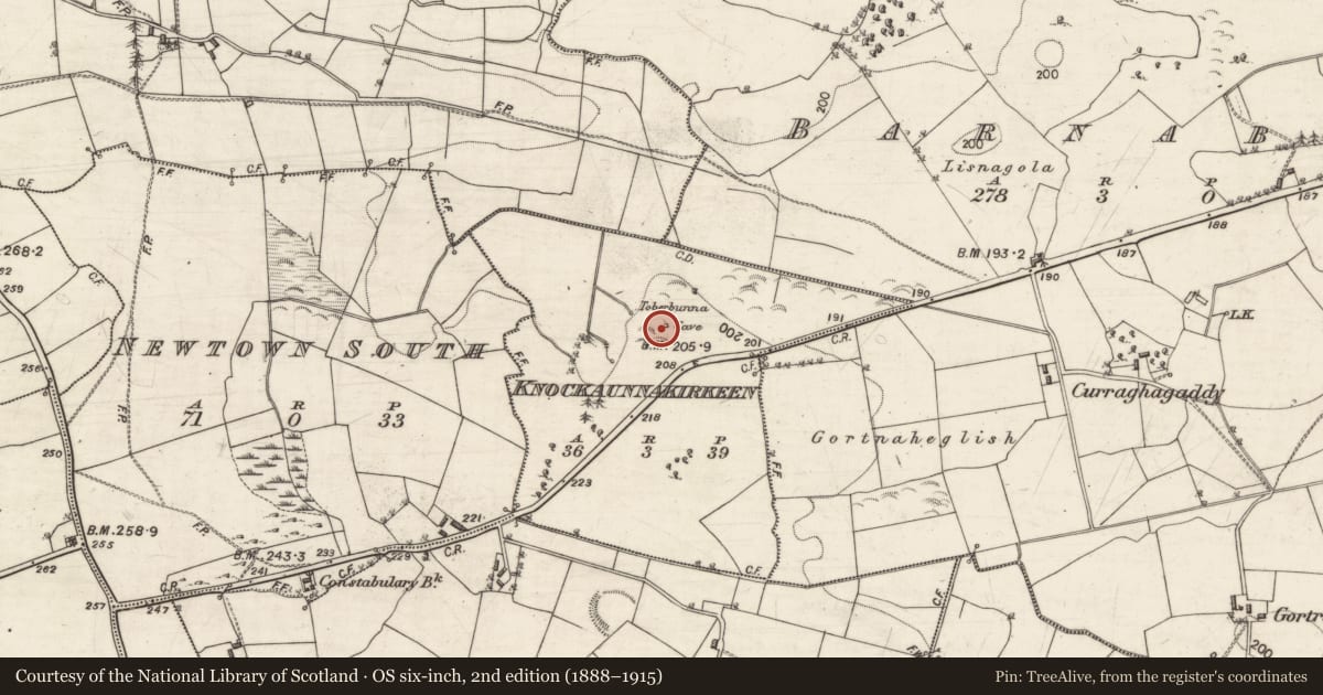 Ordnance Survey six-inch map, 2nd edition (1888–1915) covering the location of Souterrain, Knockaunnakirkeen, County Galway, with a pin at the register's coordinates